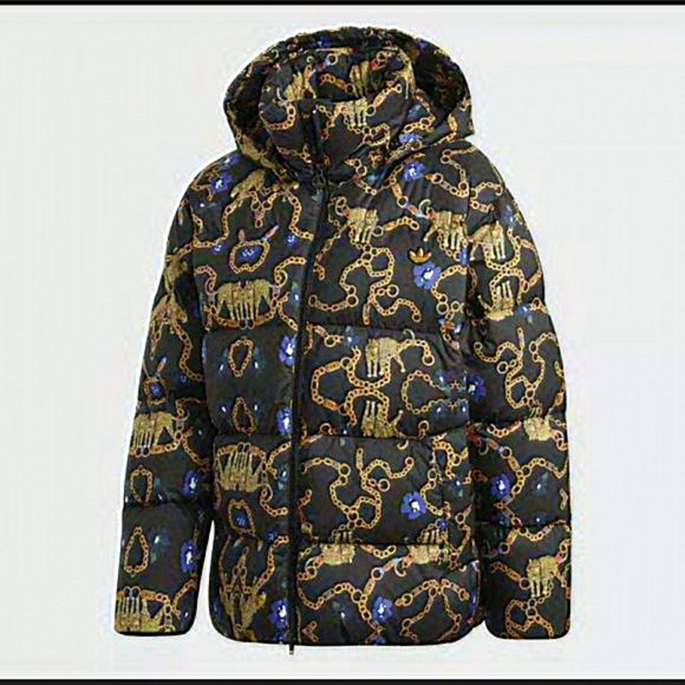 adidas Black Puffer Jacket with Gold Chain Print and Blue Accents